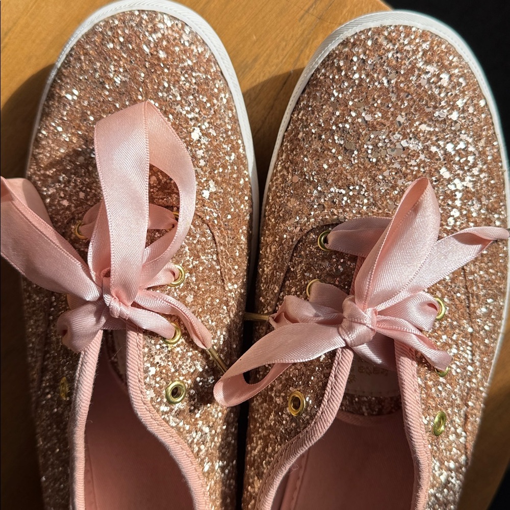 Keds Kate Spade New York Rose Gold Glitter Lace Up Sneakers satin bow blush pink - Picture 7 of 9